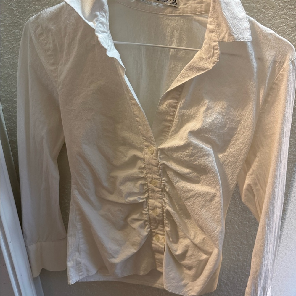 Abercrombie & Fitch White Ruched Sleeve Button Down Shirt